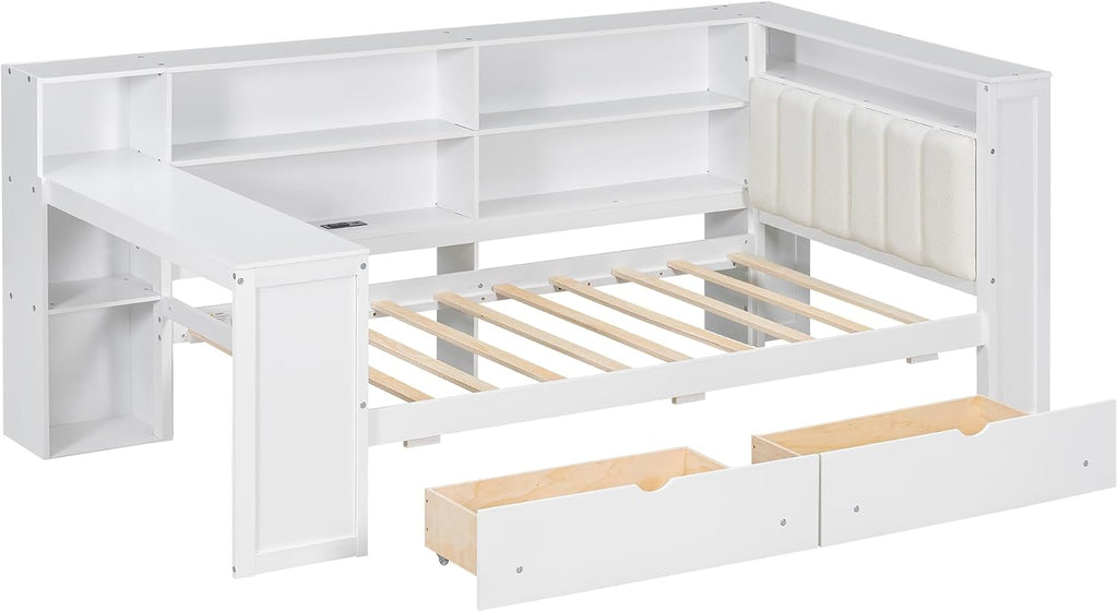 LUMISOL Twin Size Daybed with Storage Bookcase and Upholstered Headboard, Wood L Shaped Corner Day Bed Frame with Desk, Drawers, LED Light & USB Ports, Space-Saving, White