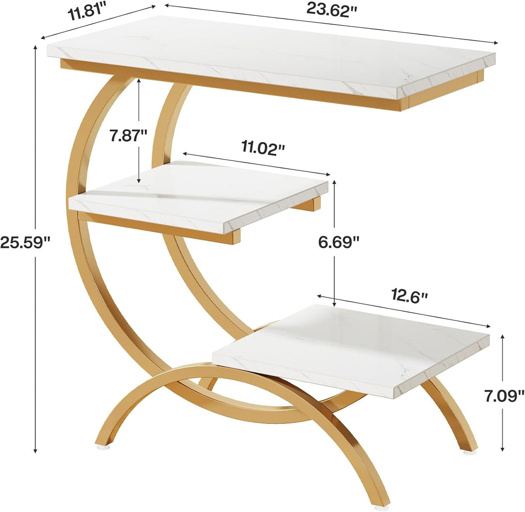 Tribesigns C-Shaped End Table Set of 2, Industrial 3-Tier Small Side Table for Couch, Wood Bedside Table Snack Side Table with Storage Shelves for Living Room Small Space, White Gold