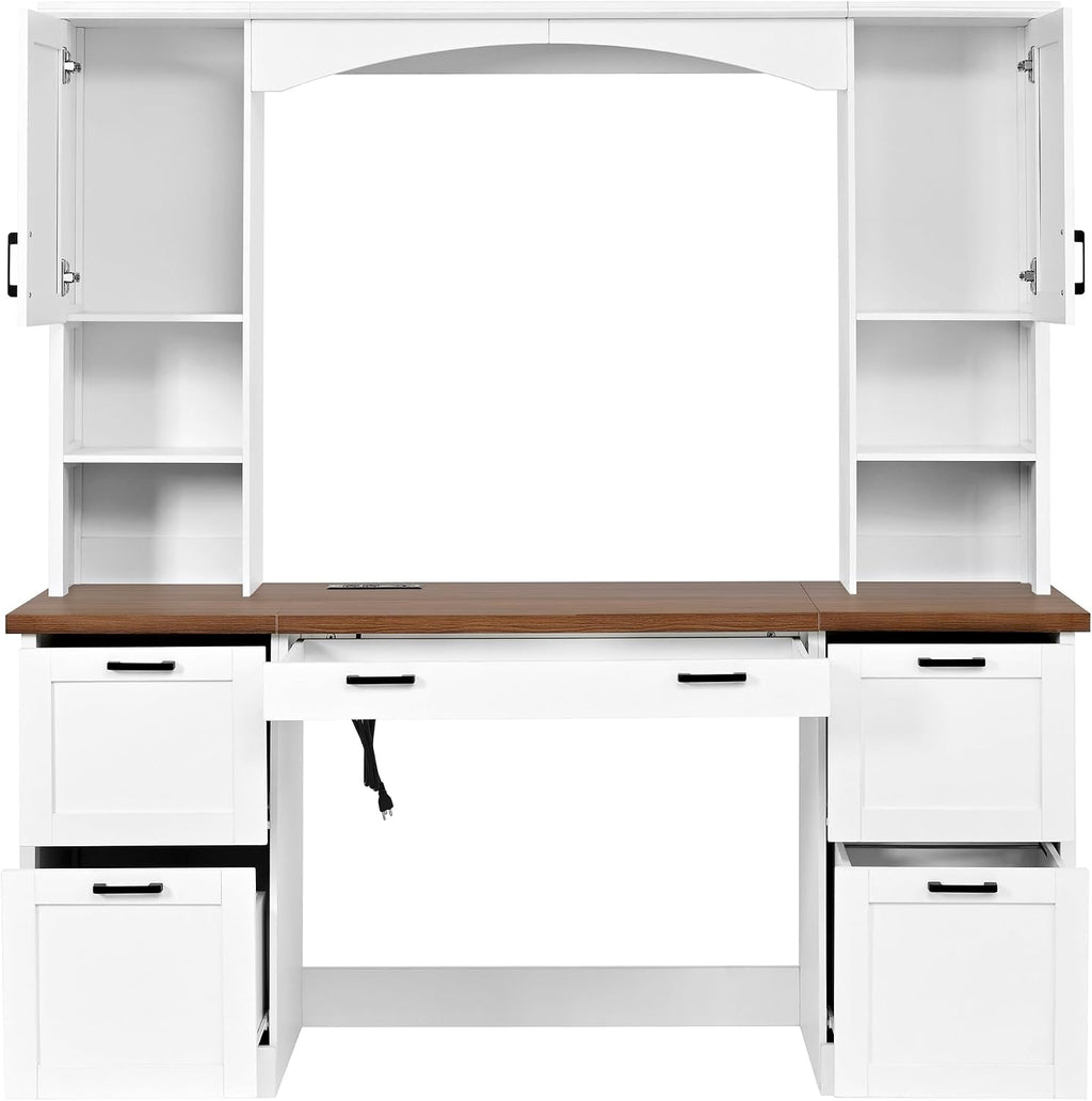 Farmhouse Arched Computer Desk with Hutch,Walnut Home Office Workstation with Charging Station & Keyboard Tray,All-in-One Writing Desk for Study, Office (White-FA)