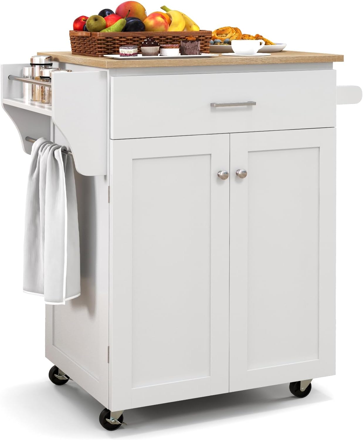 Kitchen Island, Rolling Kitchen Carts on Wheels with Storage Cabinet, Drawer, Spice Rack, Towel Bar, Modern Serving Trolley Cart Island Table for Dining Room, White, 32.5' L x 19' W x 36' H
