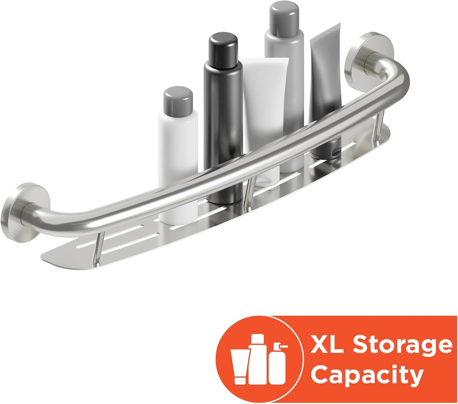HEALTHCRAFT Plus Shampoo Shelf & Grab Bar 24' - Brushed Stainless, 500 Lbs | Built-in shampoo shelf, concealed screws, no separate shelf needed