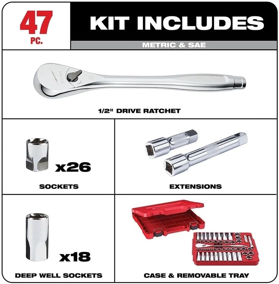 47PC 48-22-9010 for Milwaukee 1/2' Socket ratchet Wrench Set w/Case