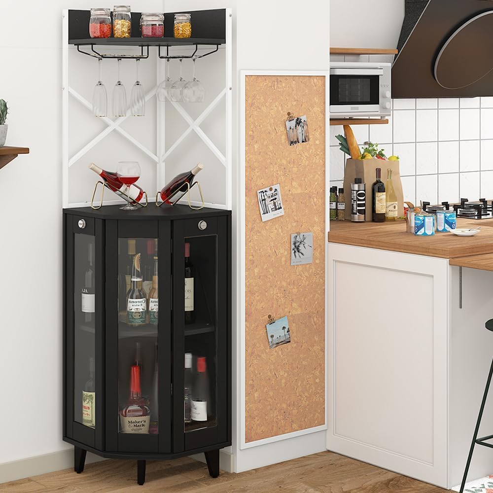 COCO DESIGN Corner Wine Cabinet with Lockable Glass Door & LED Light, 4-Tier Liquor Bar Unit, Modern Farmhouse Home Bar for Kitchen/Dining Room/Living Room, 2 Wine Racks & 2 Glass Display Trays, Black