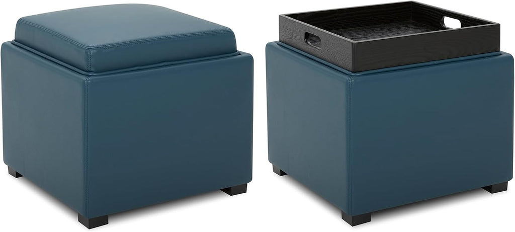CHITA Storage Ottoman Cube with Tray Lid, Set of 2, Small Footstool with Storage, Square End Table for Living Room and Bedroom, Faux Leather in Dark Blue