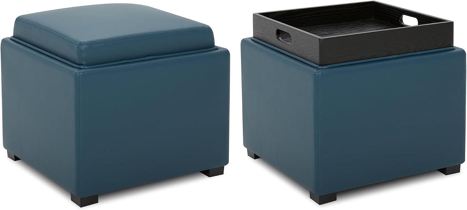 CHITA Storage Ottoman Cube with Tray Lid, Set of 2, Small Footstool with Storage, Square End Table for Living Room and Bedroom, Faux Leather in Dark Blue