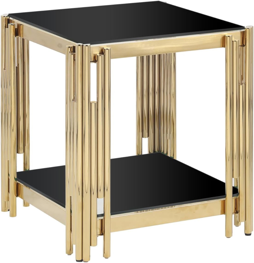JIJIWANG 22' Small Square End Table, Side Table with Double-Layer Tempered Black Glass & Gold Stainless Steel Frame for Bedroom Living Room, Easy to Assemble Black