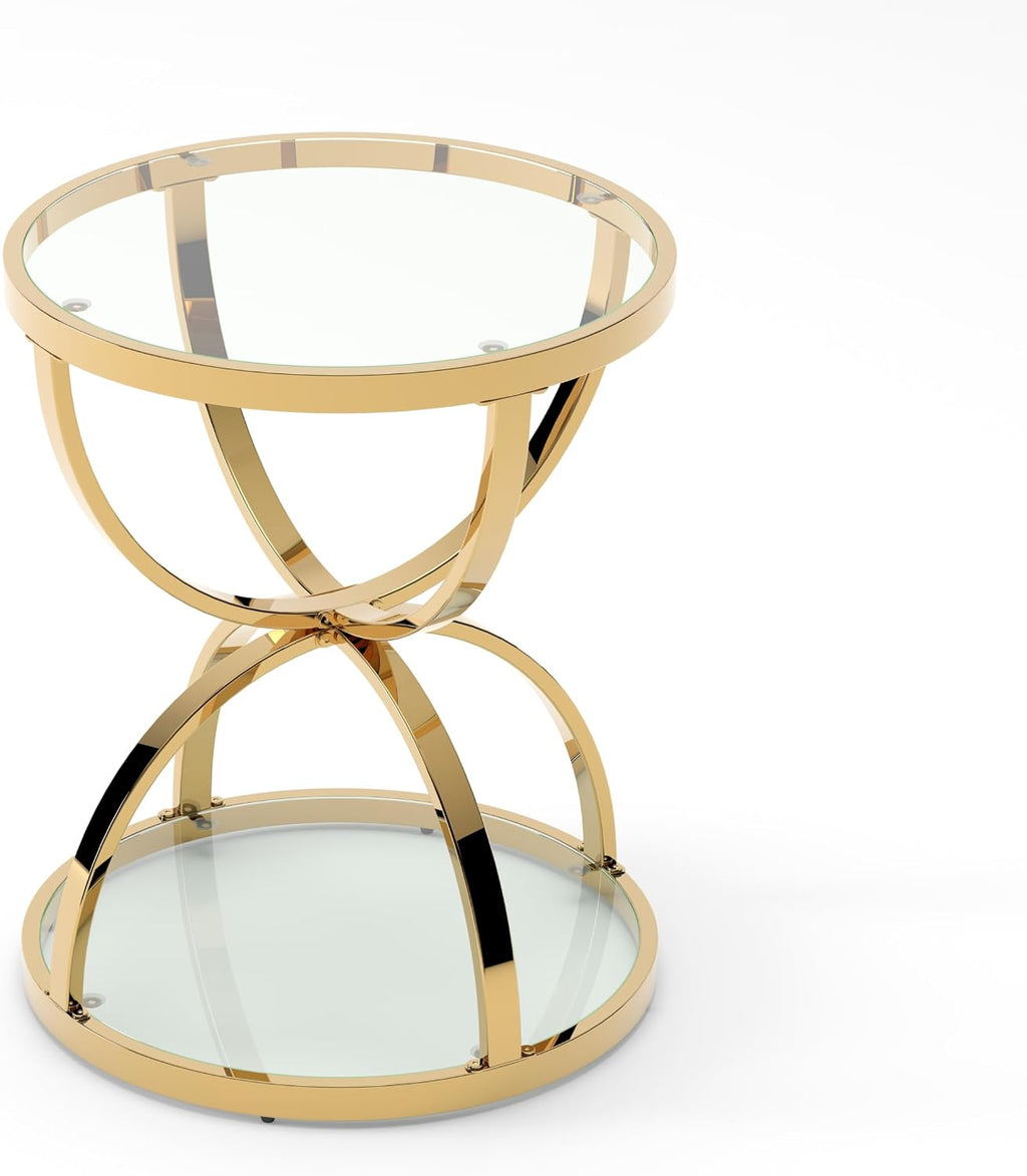 JIJIWANG 2 Tier Round Glass Side Table with Metal Frame and Clear Tempered Glass, 24.02' H Ring-Shaped Coffee Table for Living Room, Bedroom and Office, Gold