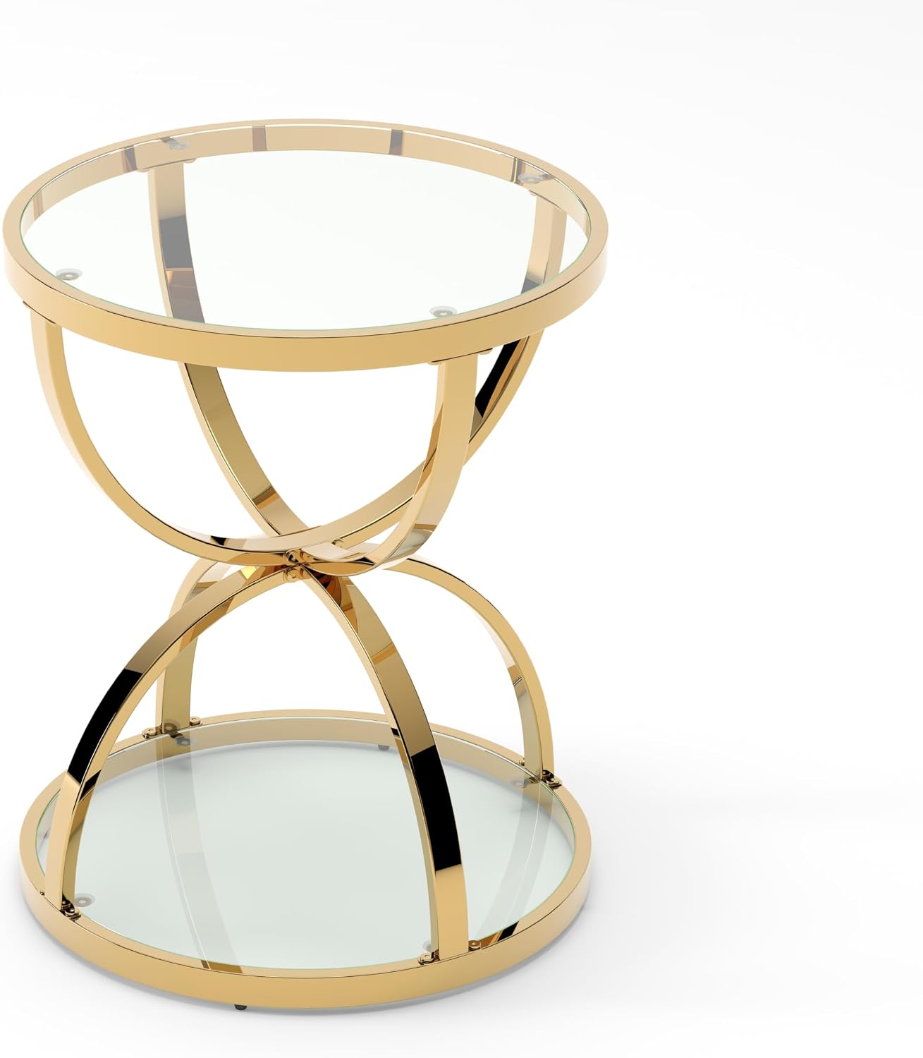 JIJIWANG 2 Tier Round Glass Side Table with Metal Frame and Clear Tempered Glass, 24.02' H Ring-Shaped Coffee Table for Living Room, Bedroom and Office, Gold
