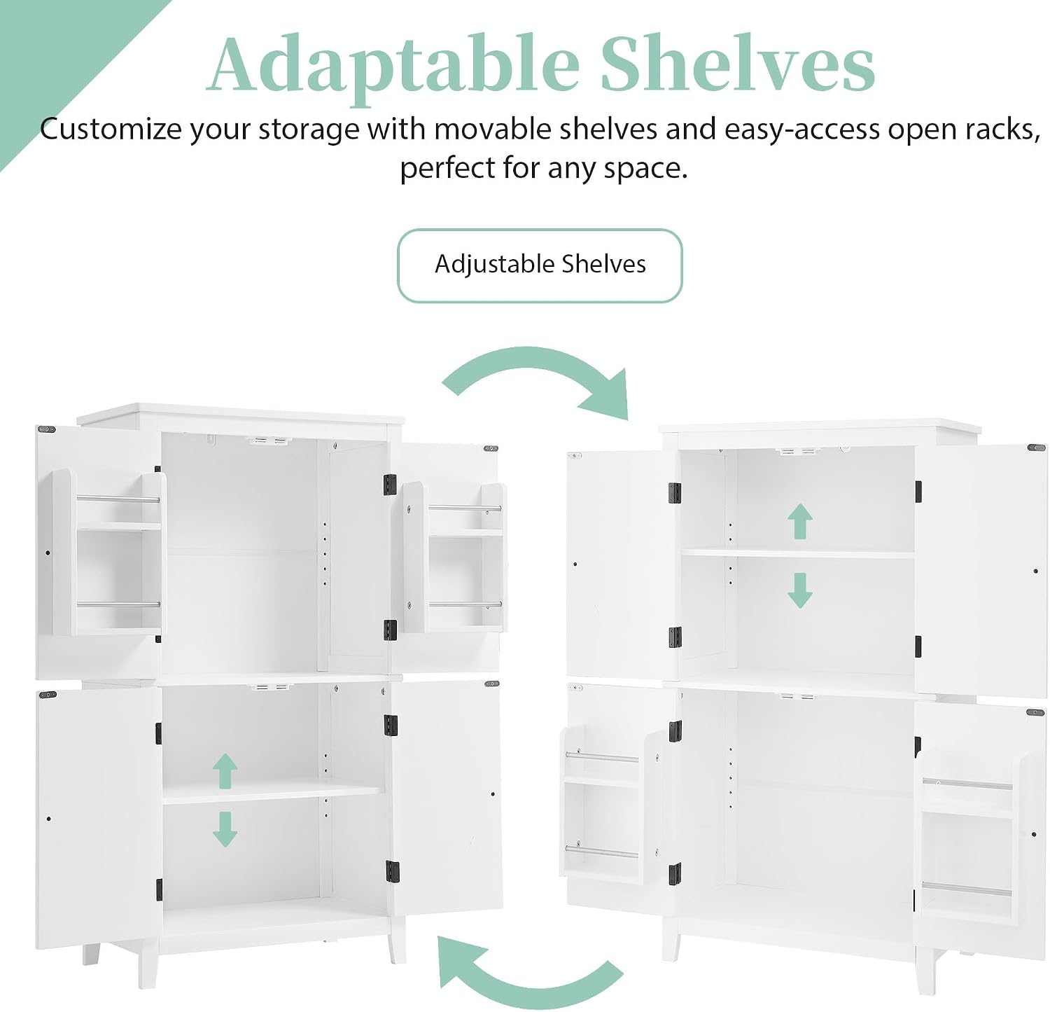 Bathroom Storage Cabinet with Adjustable Shelves, Freestanding | MDF, painted finish, adjustable shelves, 4 doors, anti-tip kit, bathroom, home office, 23.6 W x 11.8 D x 43.3 H in
