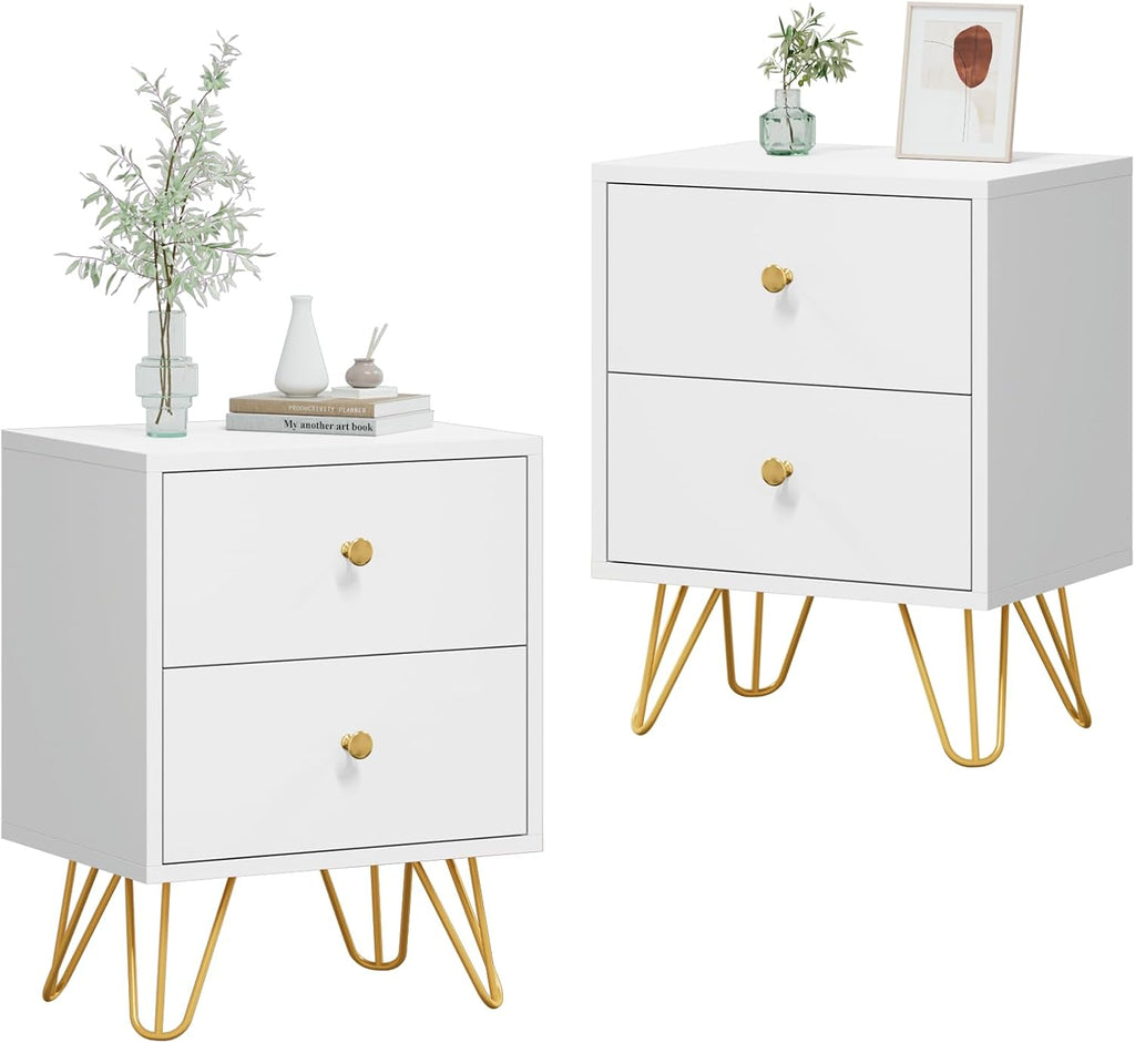 CARPETNAL White Nightstand Set of 2, End Side Table Double, Bedside Table with 2 Drawers, Dual Night Stand Metal Legs for Bedroom Living Room