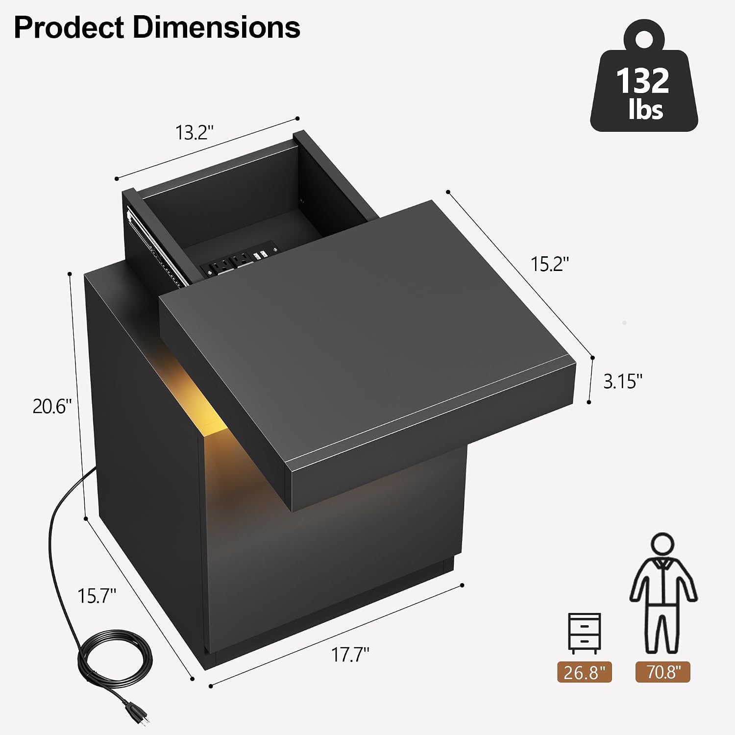 MXV Nightstand with LED Lights & Charging Station, Black Bedside Tables with USB Ports, Storage Cabinet & Drawers for Bedroom, Modern End Tables for Living Room