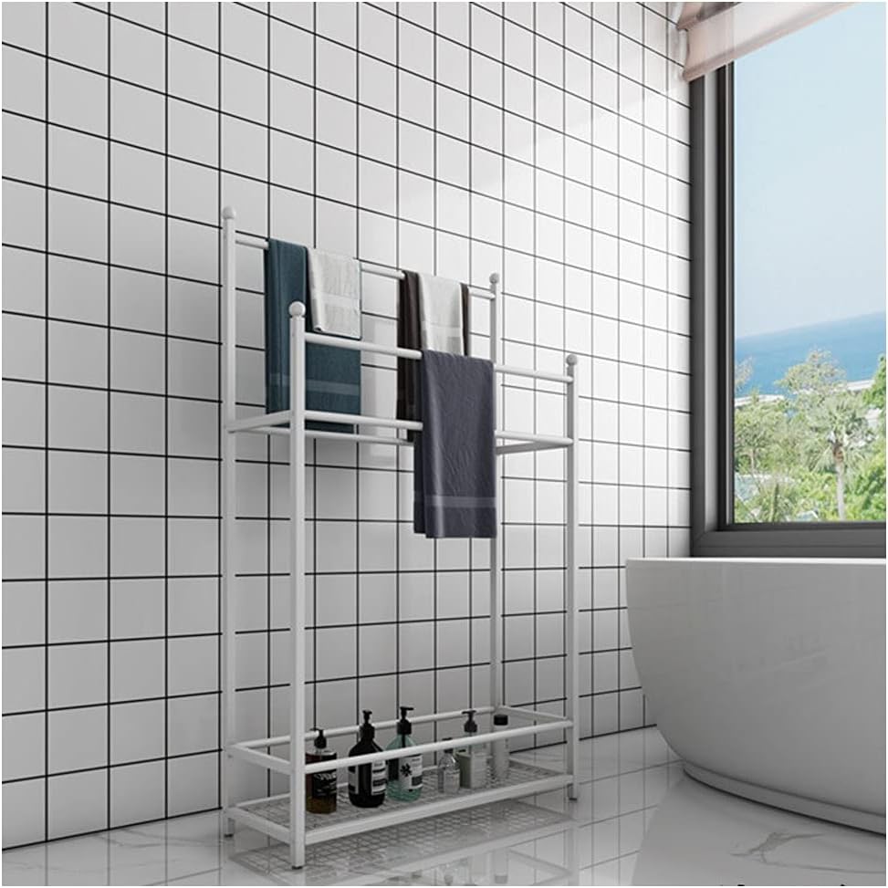 Exquisite Bathroom Shelves Beach Towel Drying Rack Freestanding Outdoor Towel Holder Stand with Bottom Storage Shelf and 4 Bars, Metal Towel Ladder Rack for Bathroom, Kitchen, Washroom