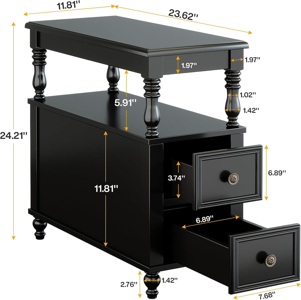 Tribesigns Wood End Table with 2 Drawers, Mid-Century Wooden Slim Side Table Nightstands with Storage Shelf, Accent Table for Living Room, Easy to Assemble (Black)