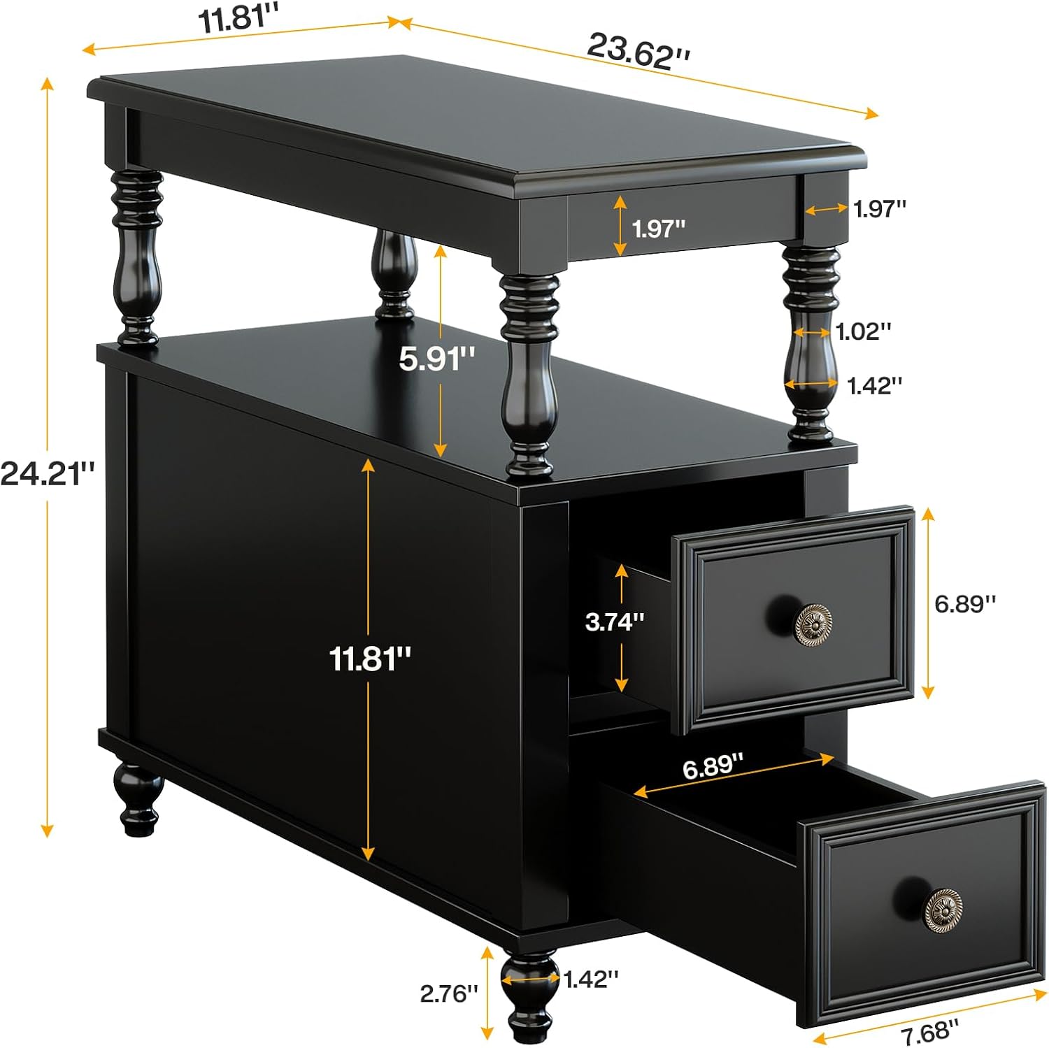 Tribesigns Wood End Table with 2 Drawers, Mid-Century Wooden Slim Side Table Nightstands with Storage Shelf, Accent Table for Living Room, Easy to Assemble (Black)