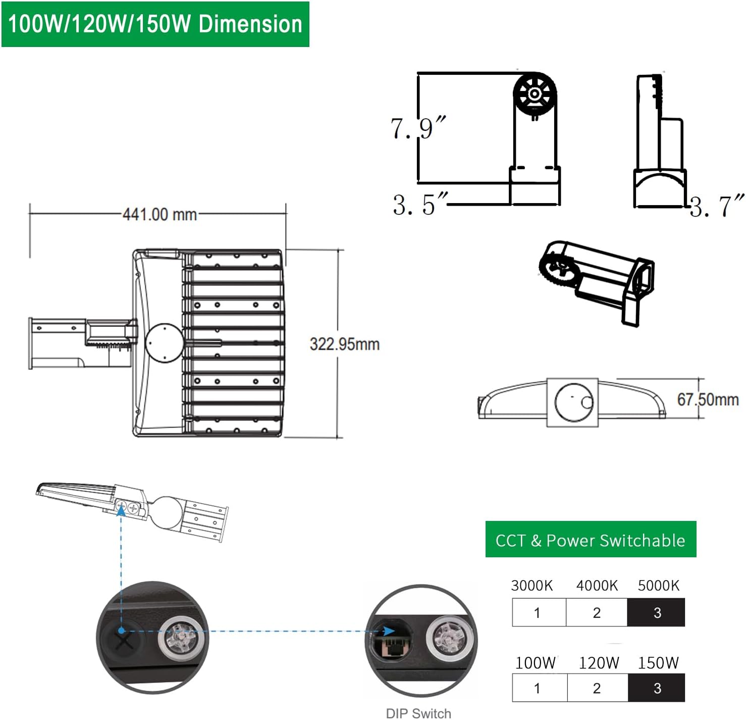 100W 120W 150W Power Switchable LED Parking Lot Light 3000K 4000K 5000K CCT Selectable Outdoor Commercial Street Area Lighting Fixtures Type 3 Bronze 100-277V (DM2 Bracket for Round Pole)