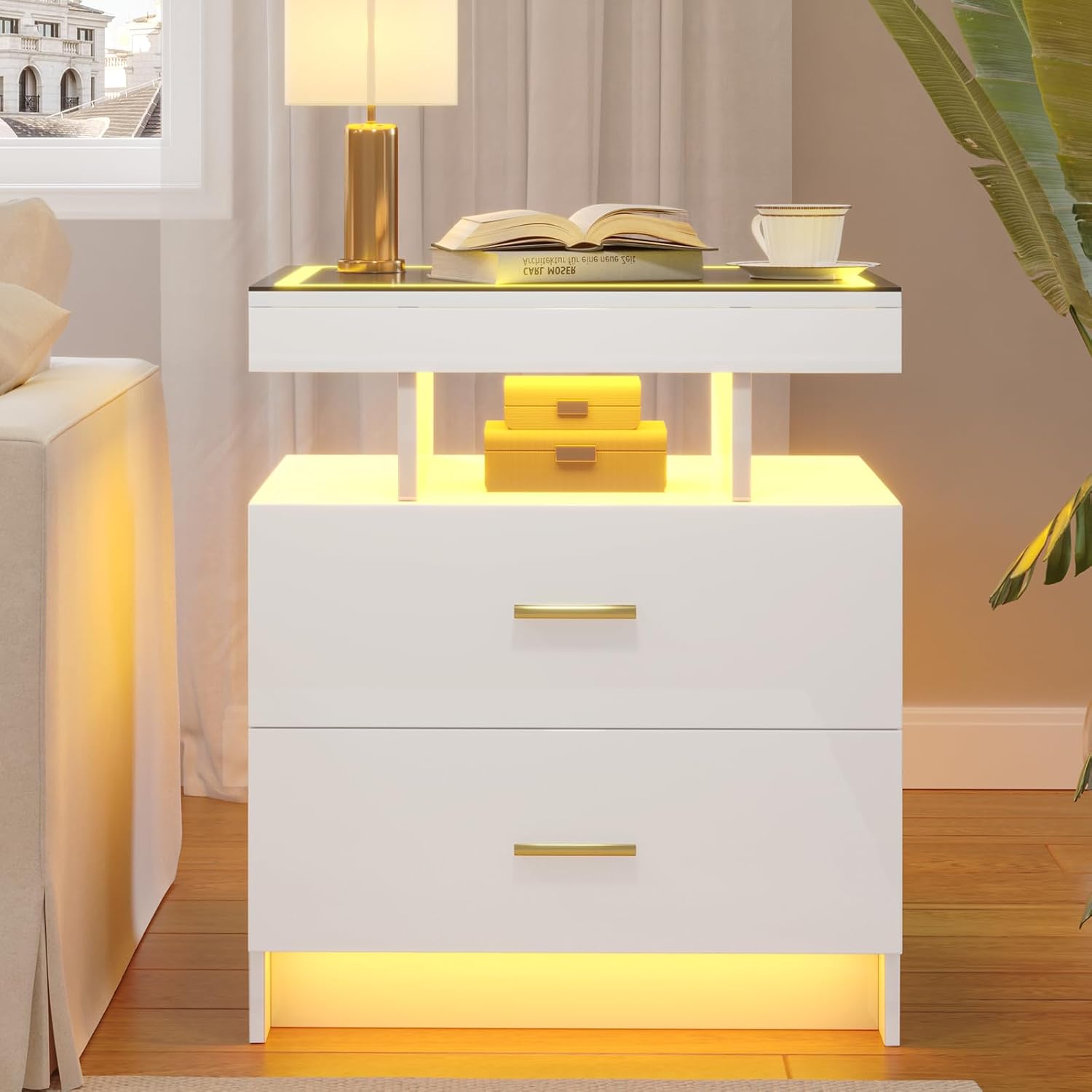 LED Nightstand Set 2 with Wireless Charging Station,White Night Stand with 2 Drawers,Glass Top Smart Bedside Table,Modern End Table Side for Bedroom,Living Room,Office