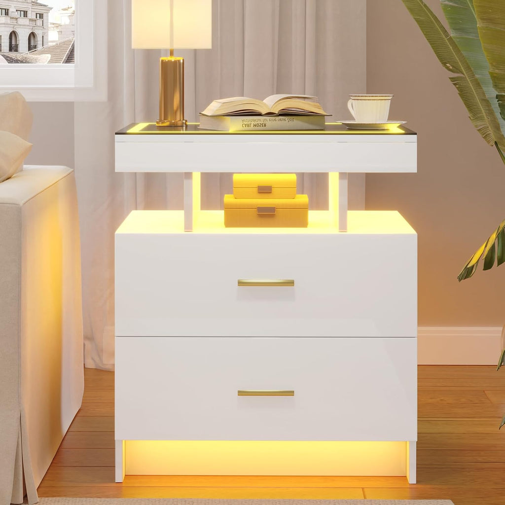 LED Nightstand with Wireless Charging Station,White Night Stand with 2 Drawers,Glass Top Smart Bedside Table,Modern End Table Side for Bedroom,Living Room,Office
