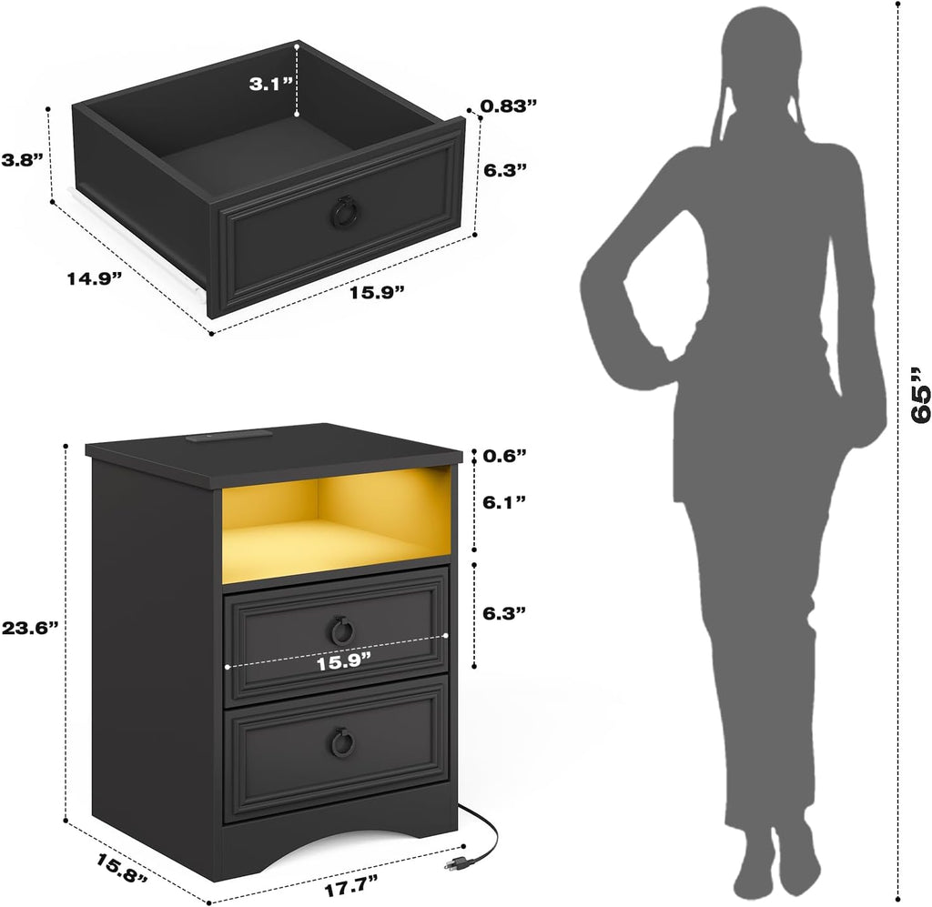 Large Nightstand Set of 2 with Drawers,17.7'W Accent Night Stand with Charger Station LED Lights, Bed Side Table with 2 Drawers, End Table with Easy Open Storage for Bedroom, Living Room,Black