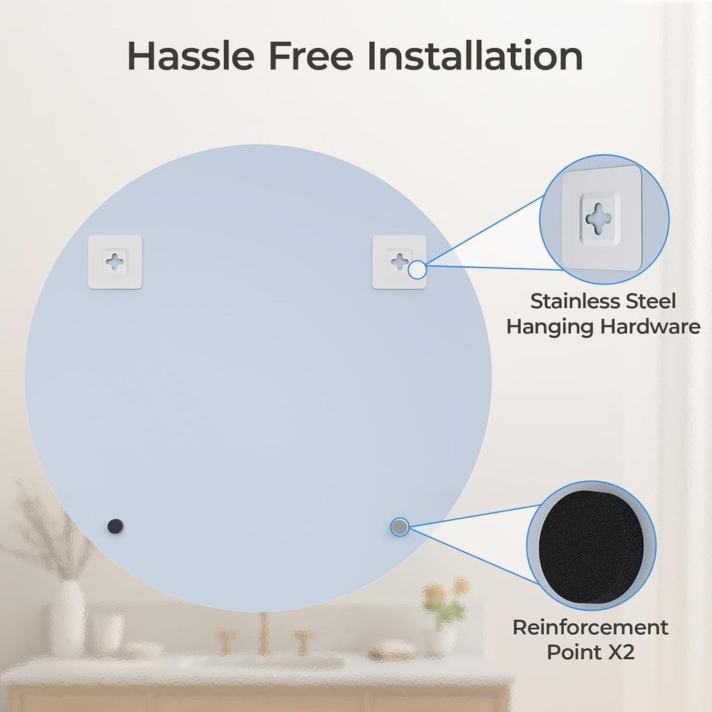 USHOWER 30'' Frameless Round Bathroom Mirror + 18'' Towel Bar Set