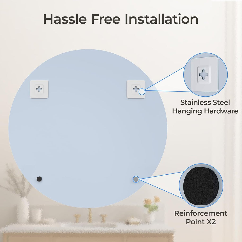 USHOWER 30'' Frameless Round Bathroom Mirror + 24'' Towel Bar Set