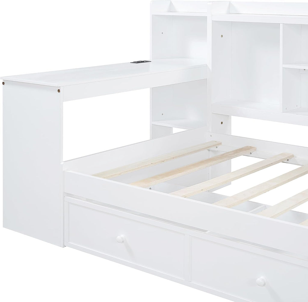SOFTSEA Twin Size Daybed with Storage Drawers & Bookcase, Wood Daybed with Desk & USB Ports, L Shaped Corner Bed with Convertible Headboard for Bedroom Living Room Guest Room, White