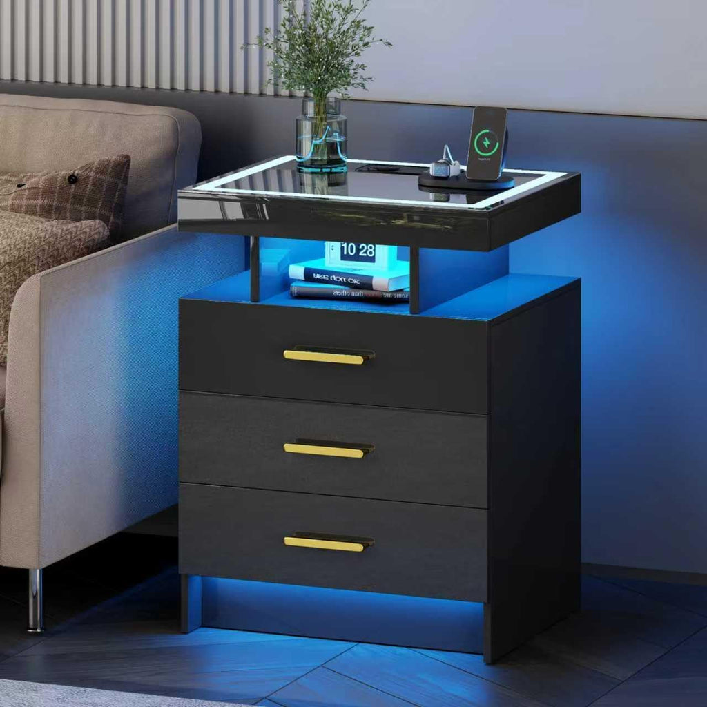 Black Night Stand with Wireless Charging Station,Smart Bedside Table with 3 Drawers,Modern Glass Top End Side Table with 3 Color Dimmable,LED Nightstand for Bedroom