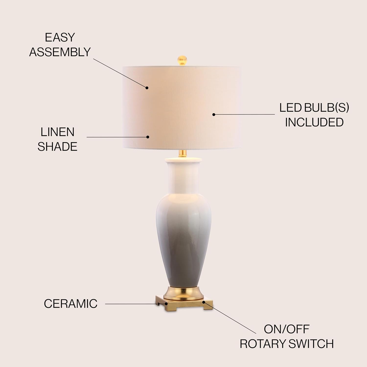 JONATHAN Y 31.5' White/Gray Dip Dye Ceramic Table Lamp for Living Room, Large Bedside Lamp for Bedroom with White Linen Drum Shade, Traditional End Table Light, LED Bulb (JYL3017B)