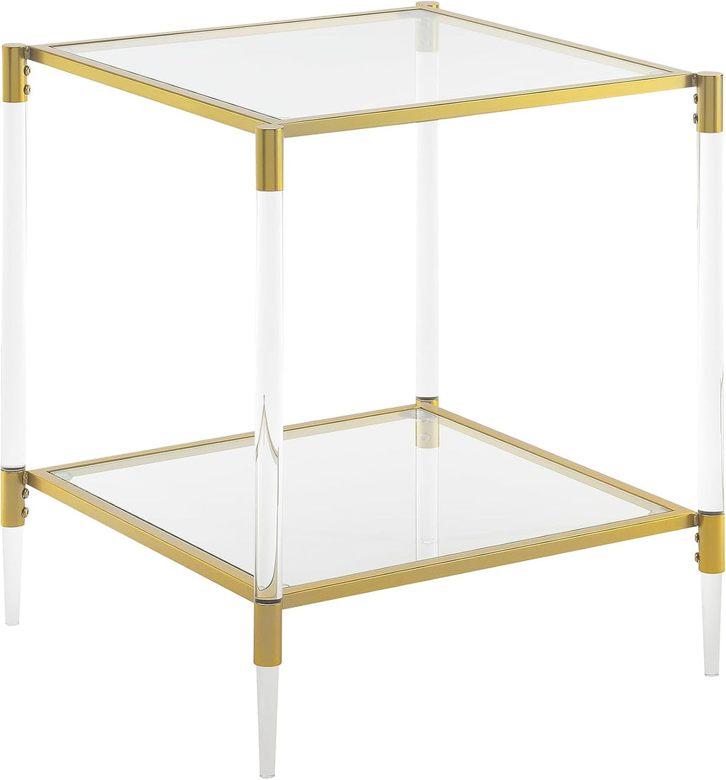 Convenience Concepts Royal Crest Acrylic Glass Square End Table 20.25' - Modern 2-Tier Tempered Glass Living Room Side Table with Storage Shelf, Gold Chrome Frame Table with Acrylic Legs, Glass, Gold