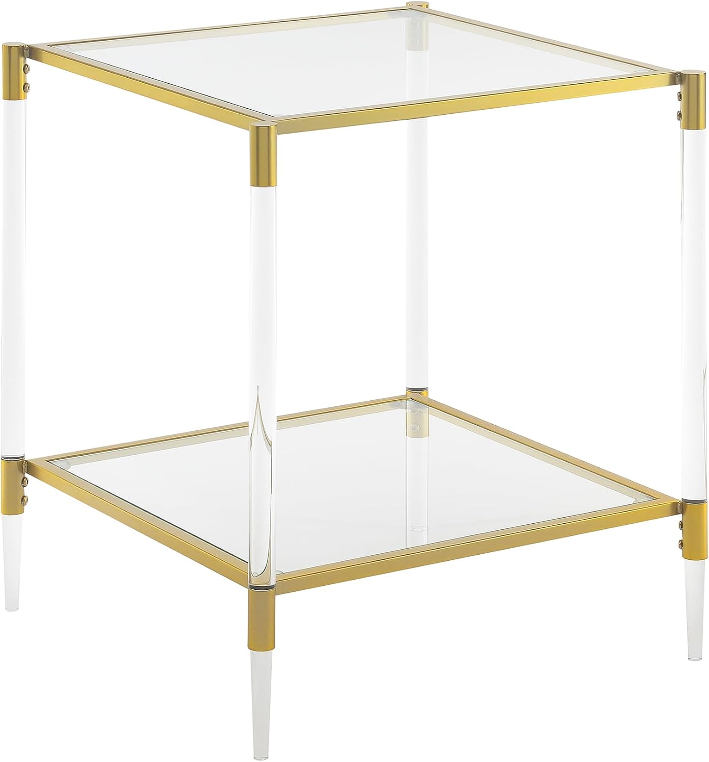 Convenience Concepts Royal Crest Acrylic Glass Square End Table 20.25' - Modern 2-Tier Tempered Glass Living Room Side Table with Storage Shelf, Gold Chrome Frame Table with Acrylic Legs, Glass, Gold