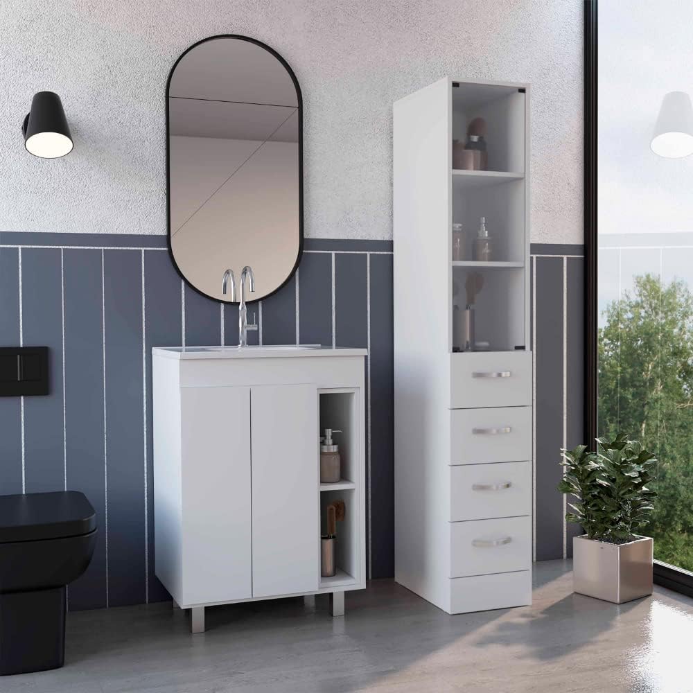 12' Montana 2-Piece Bathroom Set with Bathroom Vanity and Linen Cabinet, White – Bathroom Vanity & Storage Suite for Master Bathrooms, Guest Baths & Small Bathrooms