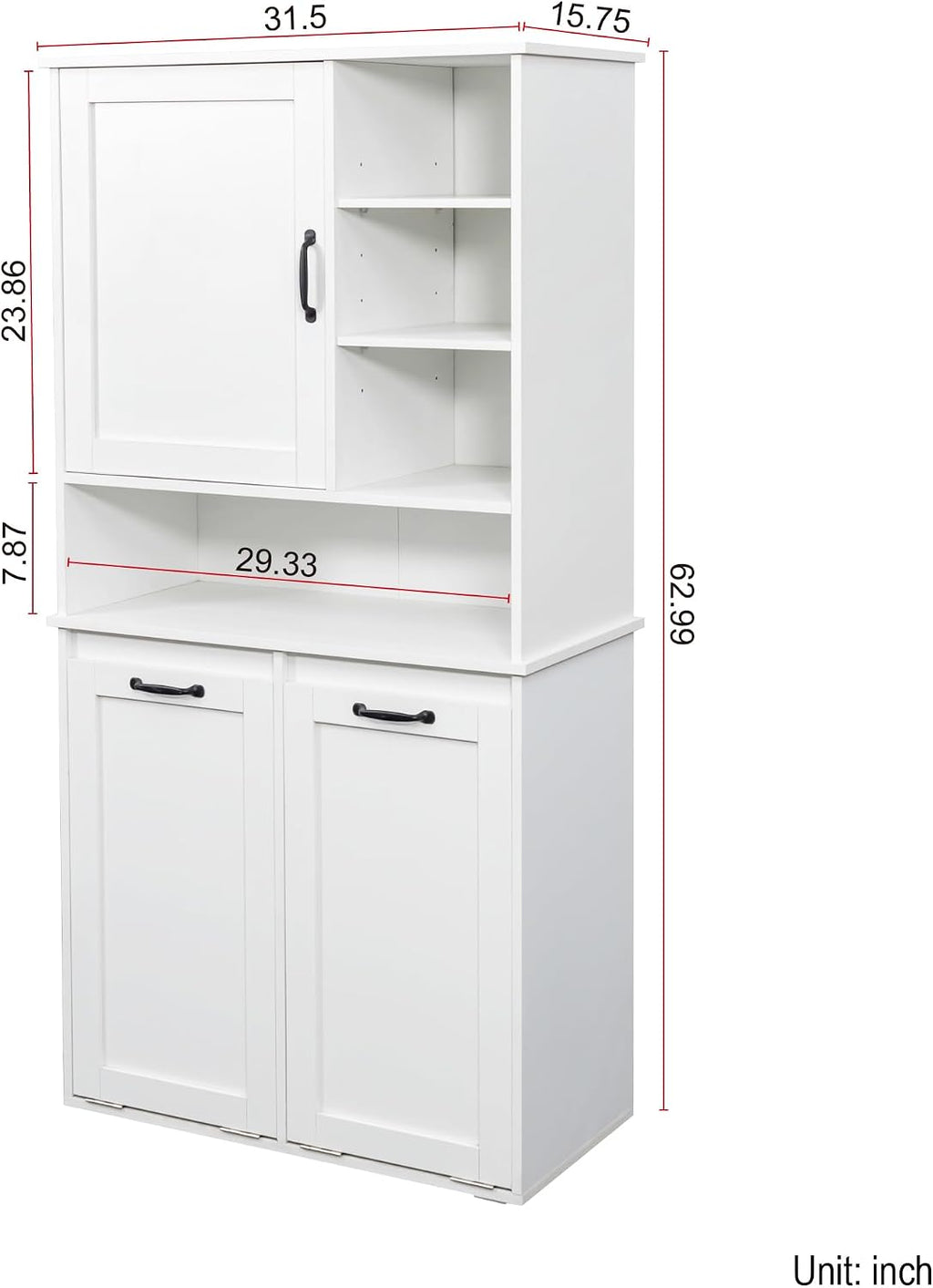 Bathroom Storage Cabinet with 2 Tilt-Out Bins, Freestanding | Particle board, MDF, melamine finish, 2 tilt-out bins, adjustable shelf, open shelves, bathroom, 31.5 W x 15.75 D x 63 H in