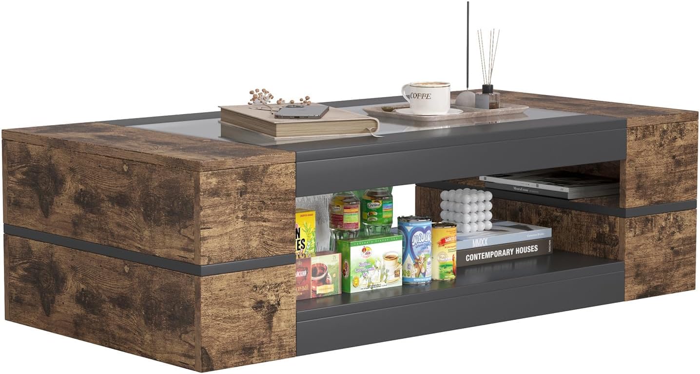 HedoAjim 47.2' Modern Stylish Coffee Table with Glass Table Top, Large Living Room Table Rectangular 2-Tier Center Tables with Storage, Wood Cocktail Tea Tables for Dining Reception Room (Rustic)