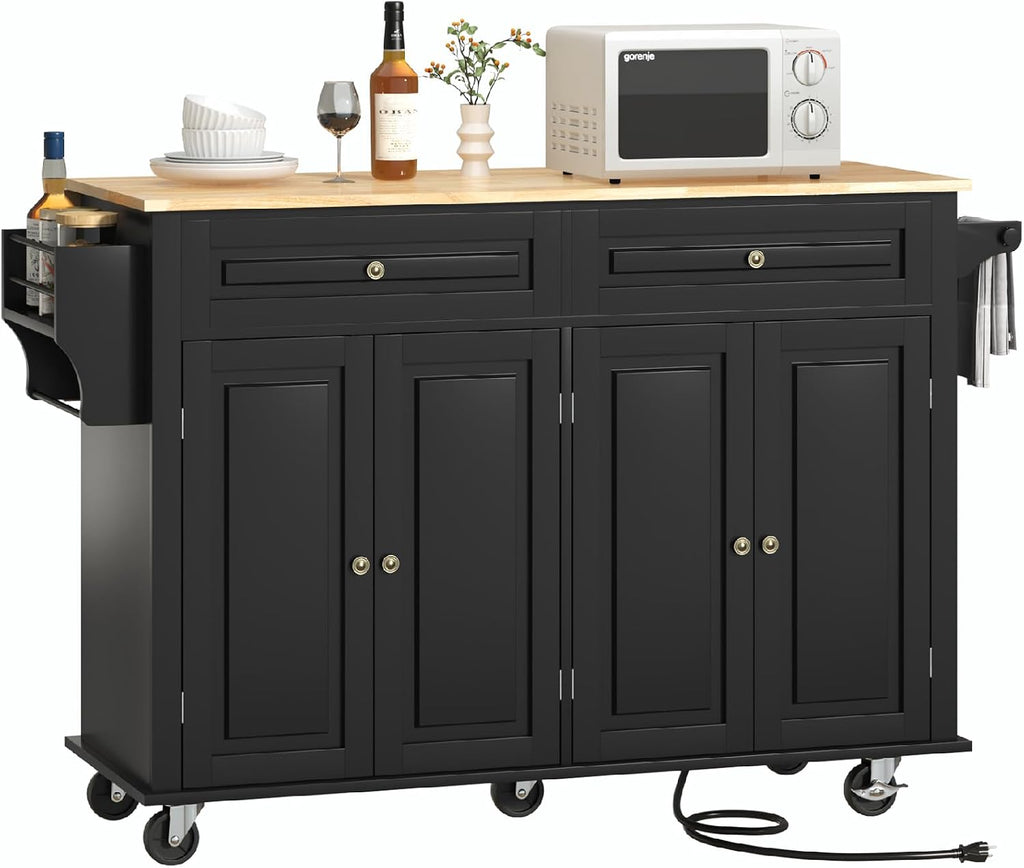 Hlivelood 55' Movable Kitchen Island with Drop Leaf and Power Outlet, Rolling Cart with Storage Cabinet, Island Table on Wheels for Kitchen with 2 Drawers, Spice Rack, Towel Bar, Garage Hook, Black