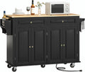Hlivelood 55' Movable Kitchen Island with Drop Leaf and Power Outlet, Rolling Cart with Storage Cabinet, Island Table on Wheels for Kitchen with 2 Drawers, Spice Rack, Towel Bar, Garage Hook, Black