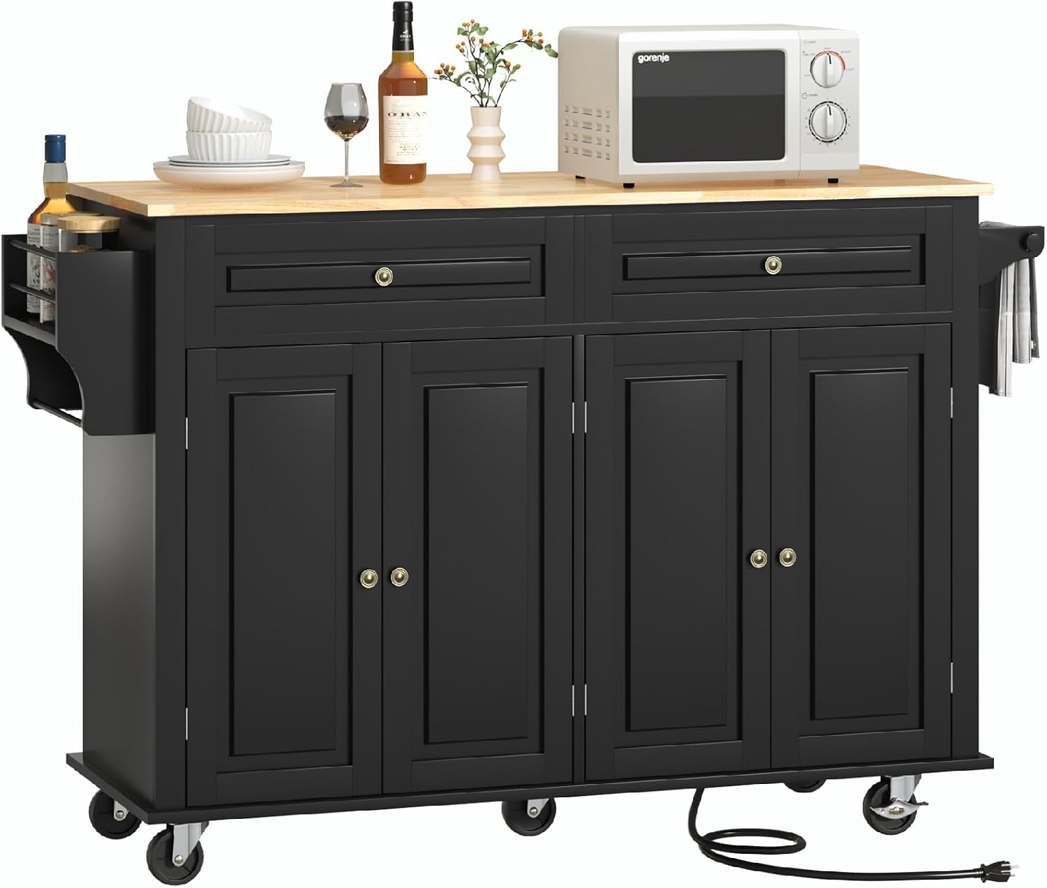 Hlivelood 55' Movable Kitchen Island with Drop Leaf and Power Outlet, Rolling Cart with Storage Cabinet, Island Table on Wheels for Kitchen with 2 Drawers, Spice Rack, Towel Bar, Garage Hook, Black