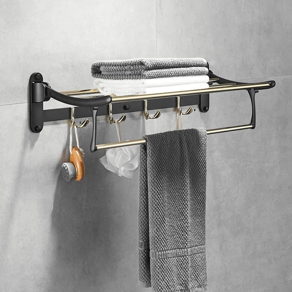 Towel Rack Towel Rail Stainless Steel Folding Towel Rack with 4 Hooks Wall Mounted Towel Holder Light Bathroom Towel Shelf Bath Towel Bar Towel Bar Towel Holder/A-Black Gold/60Cm