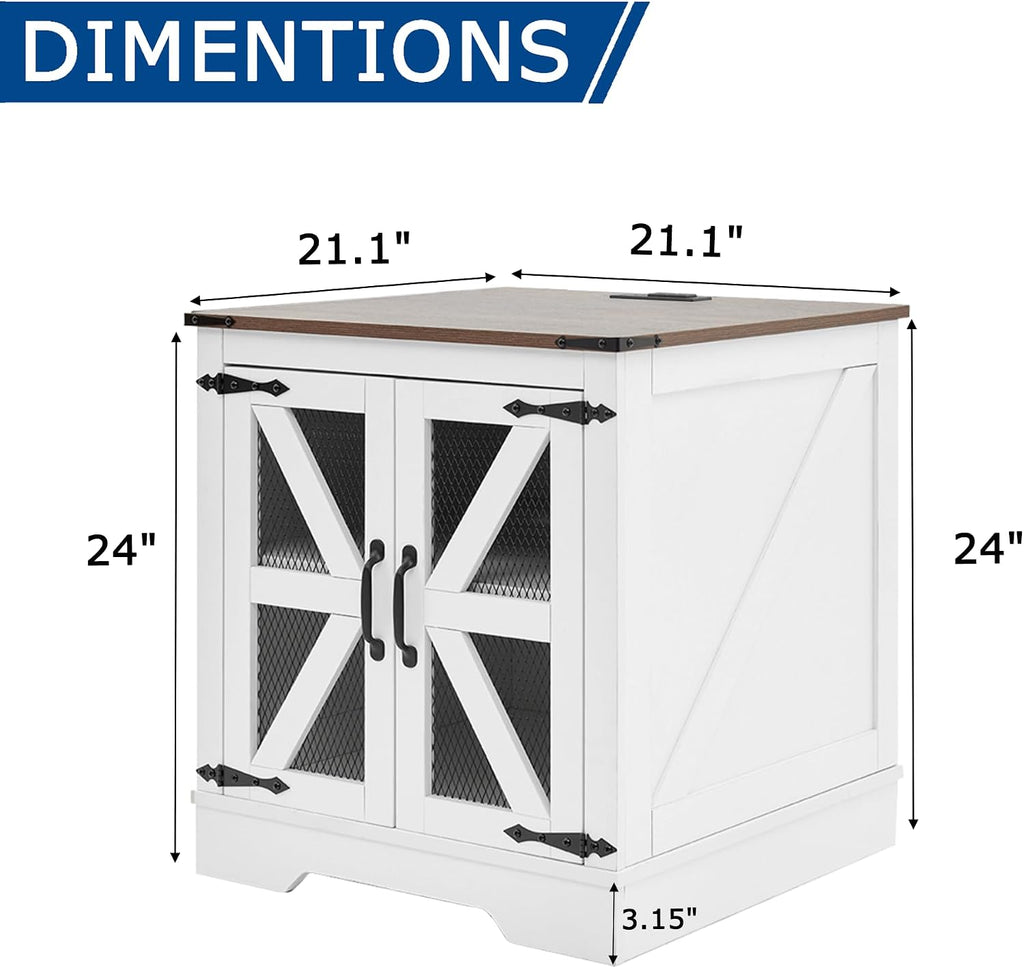 Farmhouse End Table Set with Charging Station Set of 2, Living Room Tables with Hidden Storage, Wood Square Sofa Bedside Tables, Night Stand with Power Outlet and Door, White