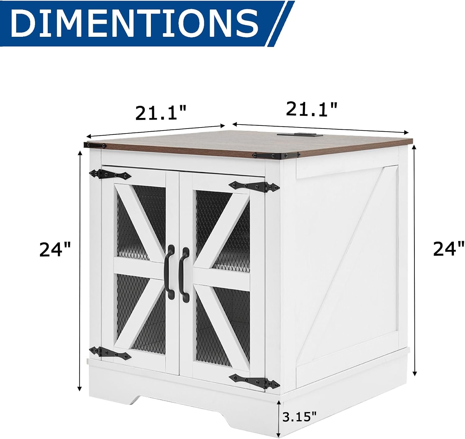 Farmhouse End Table Set with Charging Station, Living Room Tables with Hidden Storage, Wood Square Sofa Bedside Tables, Night Stand with Power Outlet and Door, White