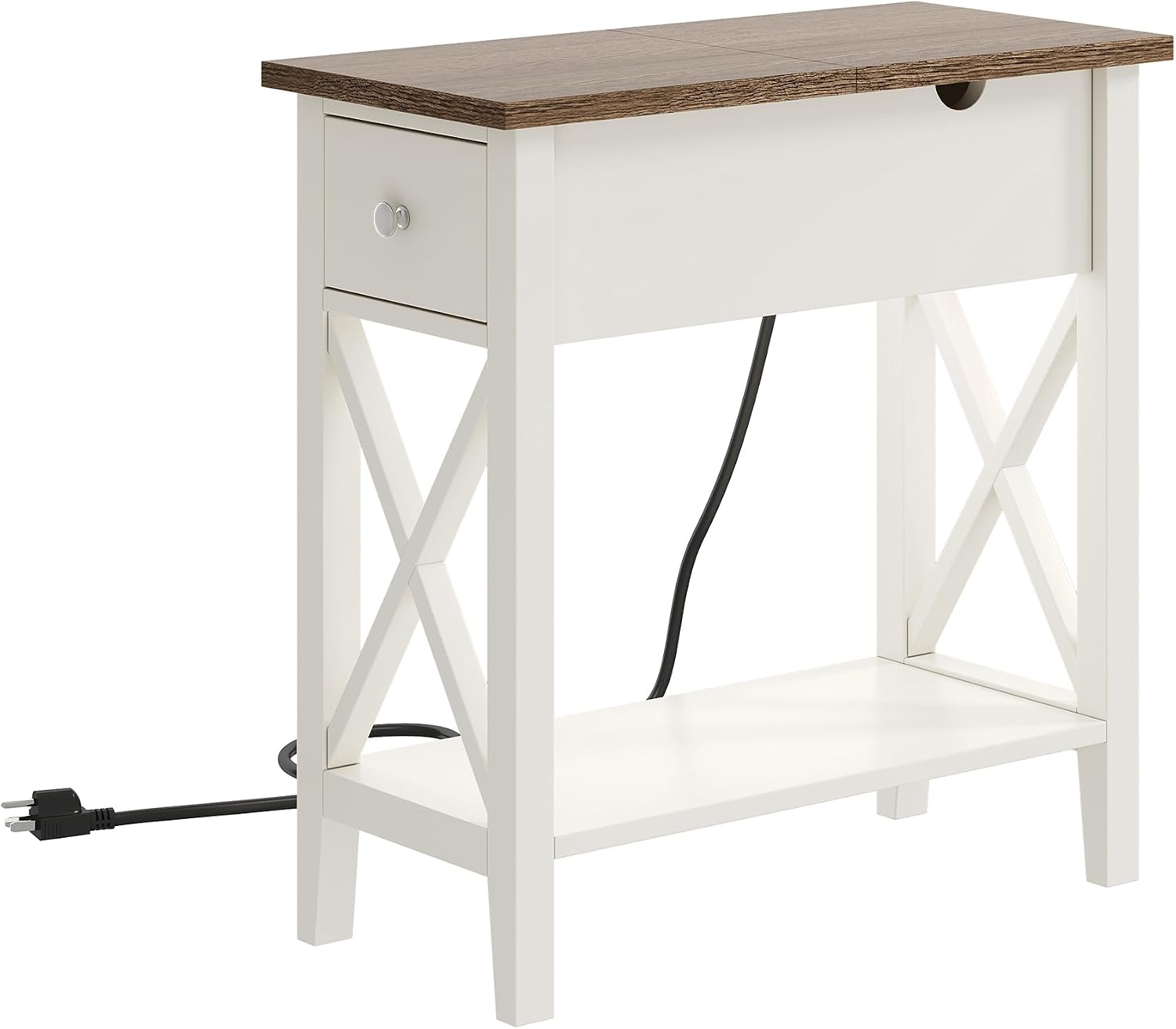 ChooChoo End Table Set of 2 with Charging Station, Narrow End Table with USB Ports and Outlets, Small Side Table Nightstand with Drawer for Living Room, Bedroom, Soft White
