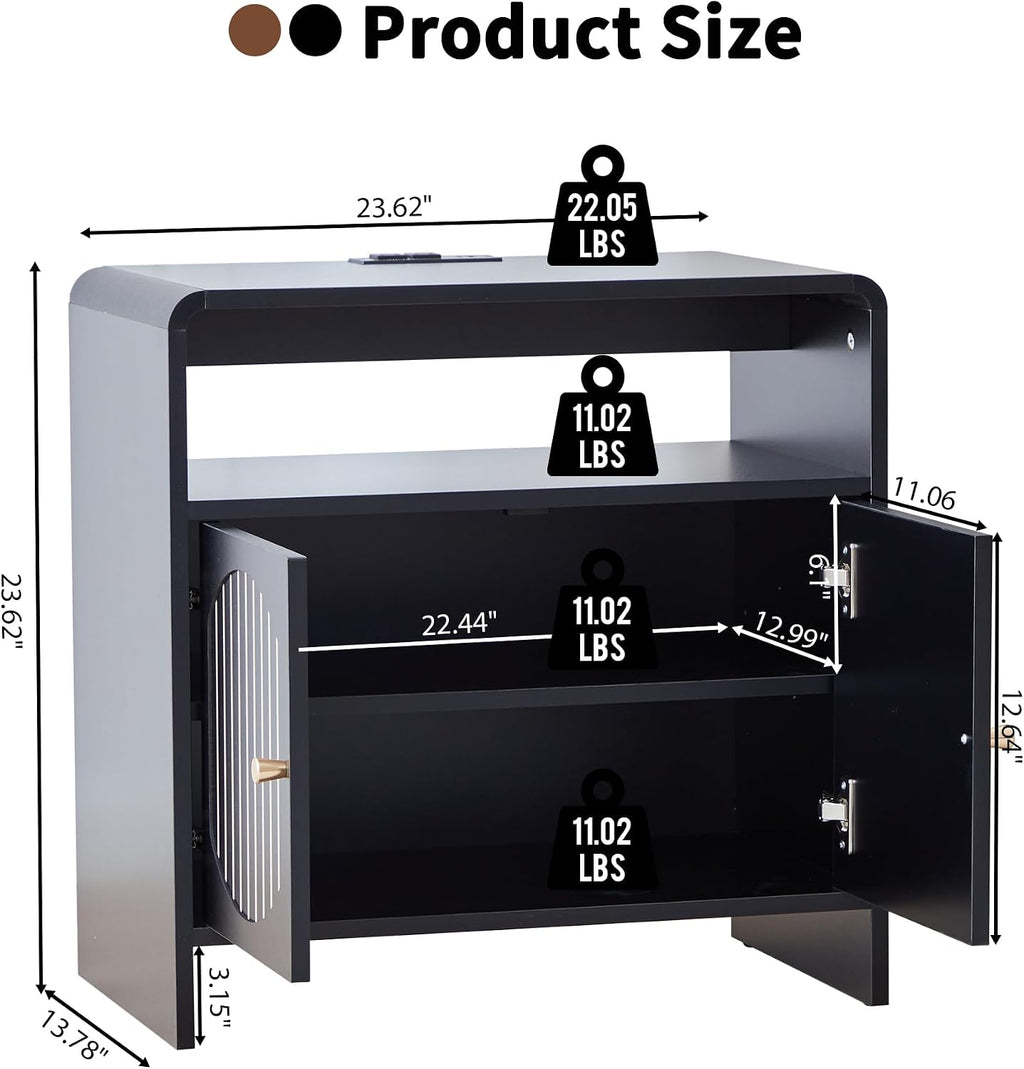 23.6' Modern Black Nightstand Set of 2 with Chariging Station 2AC+USB+Type-C, Classic Striped Side Table with Door+Storage Shelf, Rectangle End Table for Living Room, Bedroom (2, Black)