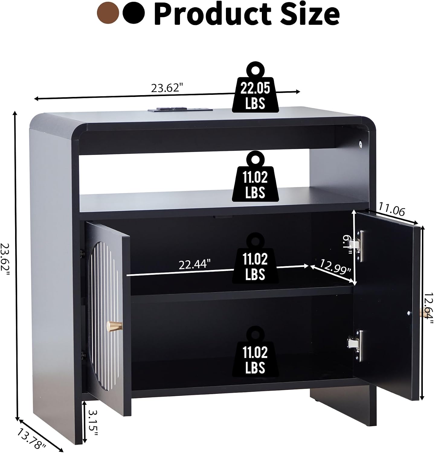 23.6' Modern Black Nightstand Set of 2 with Chariging Station 2AC+USB+Type-C, Classic Striped Side Table with Door+Storage Shelf, Rectangle End Table for Living Room, Bedroom (2, Black)