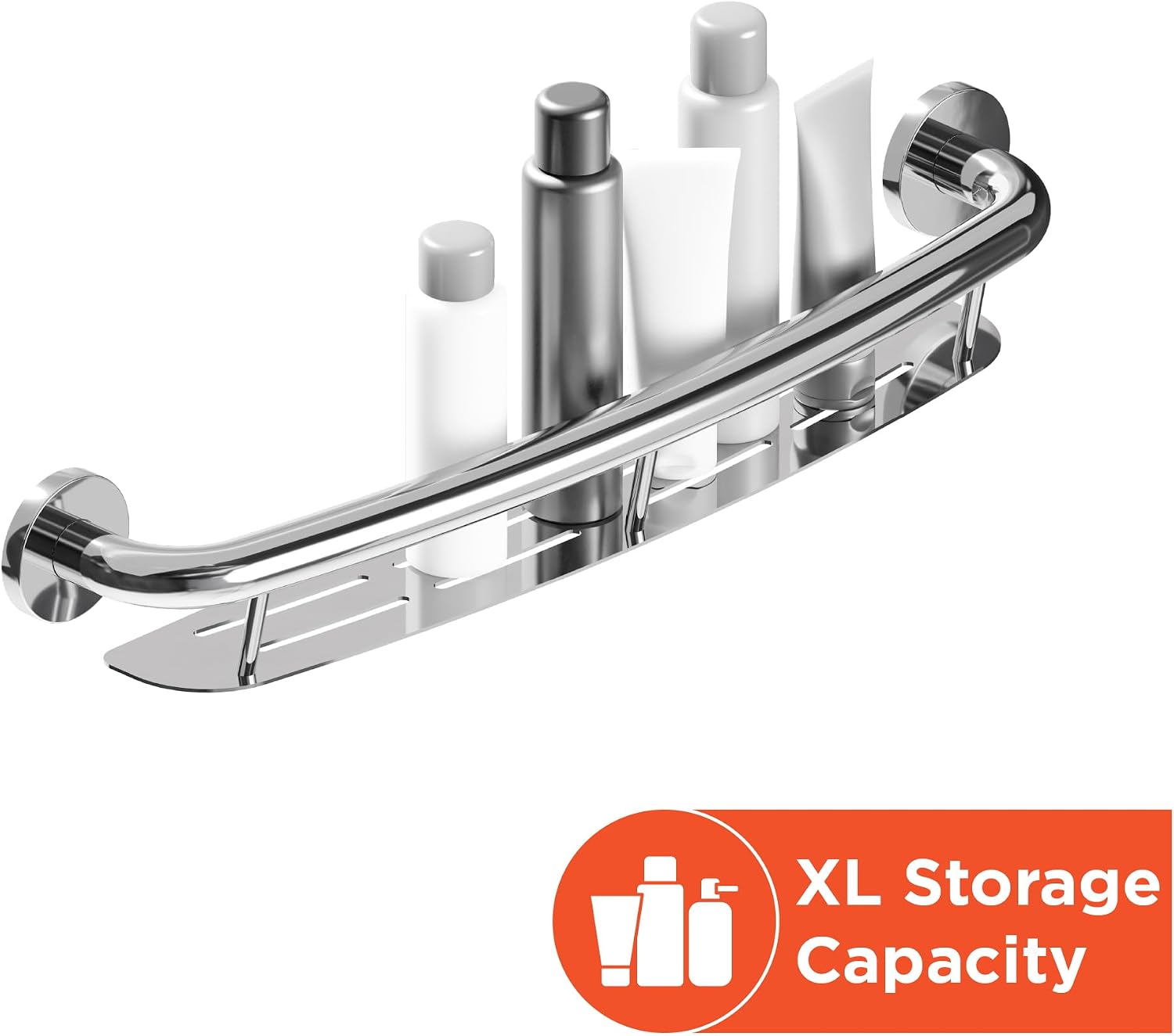 HEALTHCRAFT Plus Shampoo Shelf & Grab Bar 24', ADA Safety - Polished Chrome | Built-in shampoo shelf, concealed screws, no separate shelf needed