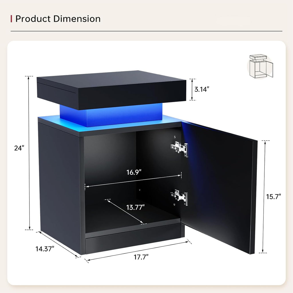 LED Nightstands Set of 2, 17 Inches Night Stand Set 2, Modern Bedside Table with LED Lights, High Gloss Surface, End Table with Storage for Bedroom, Black