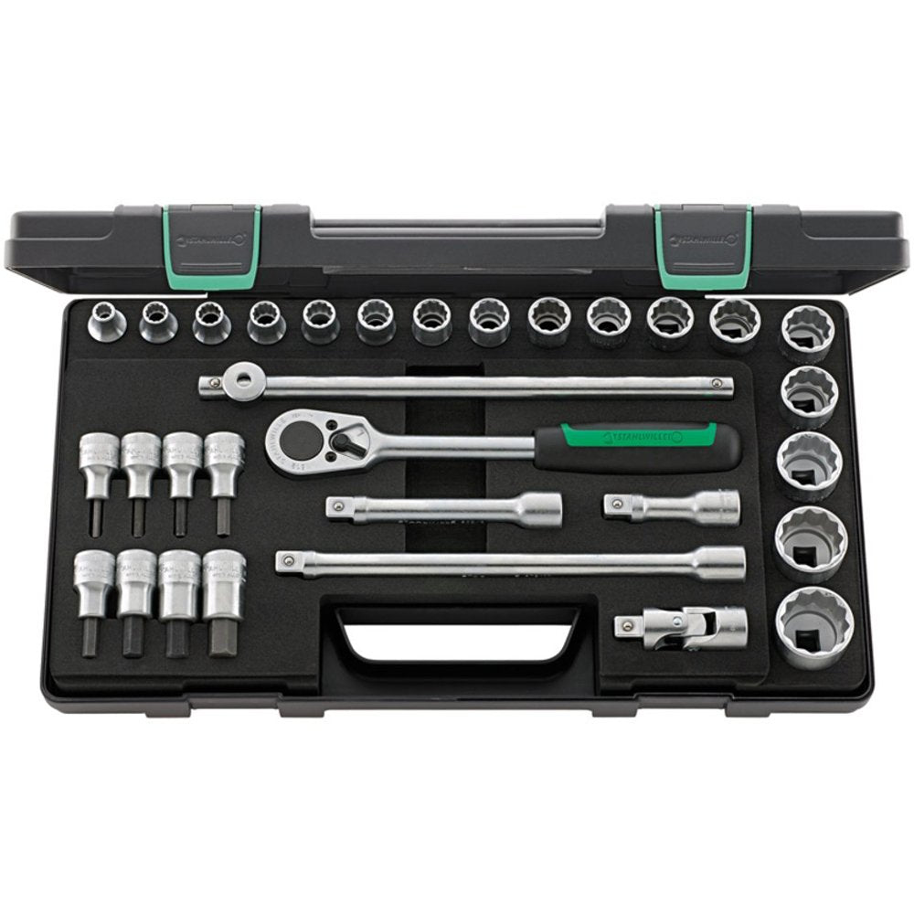 Stahlwille 96031439 Socket set 1/2' No. 50/54/25/6, 31 pieces (17 Sockets with Bi-Hex, 8 INHEX Sockets, 1 Ratchet, 3 Extensions, 1 T-Handle and 1 Universal Joint), Made in Germany