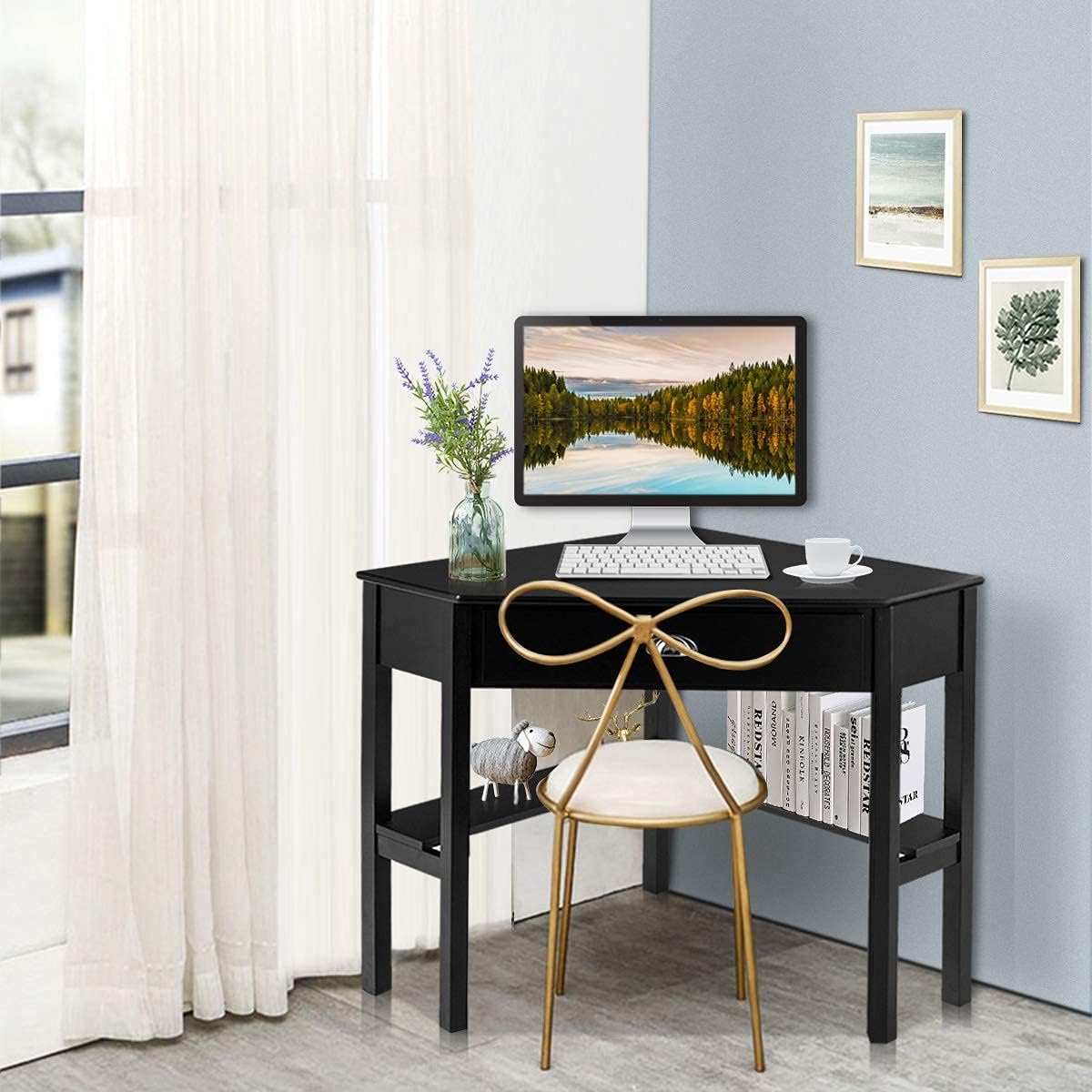 HOMGX Corner Desk, Writing and Study Corner Computer Desk, Laptop PC Table, Wood Home Office Desk, Small Corner Desk with Storage Drawer, Shelves, Office Study Workstation (Black)