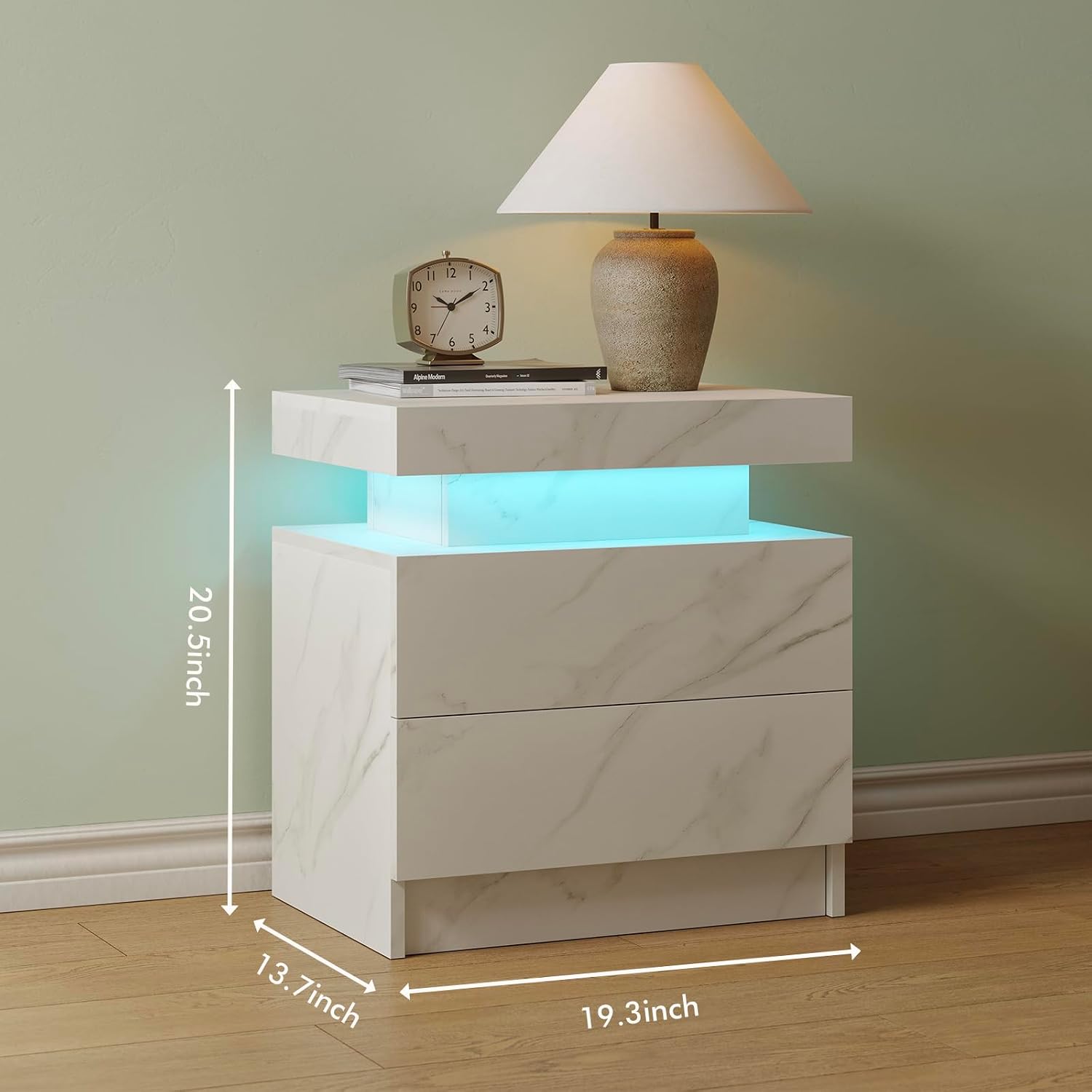 Cubehom Nightstands Set of 2, Bedside Tables with LED Lights, Night Stands with 2 Wood Drawers, End Tables Set of 2 for Living Room/Bedroom