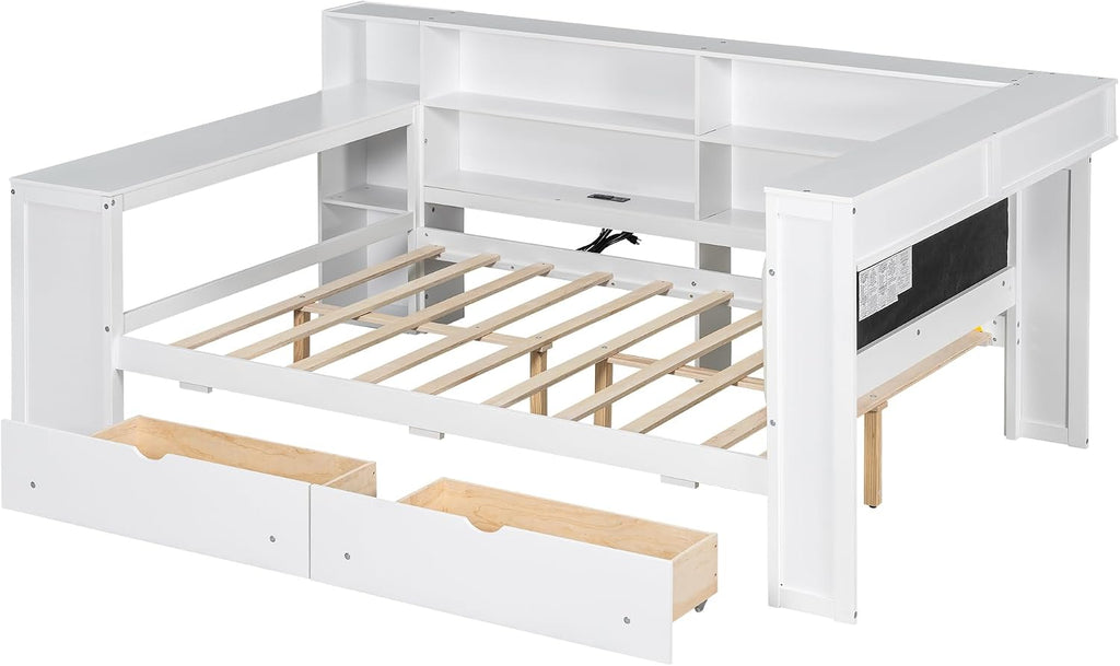 Bellemave Full Corner Bed with Storage Shelves and Desk, Upholstered Headboard Daybed with Bookcase and Drawers，Daybed with Storage, White+Beige Cushion