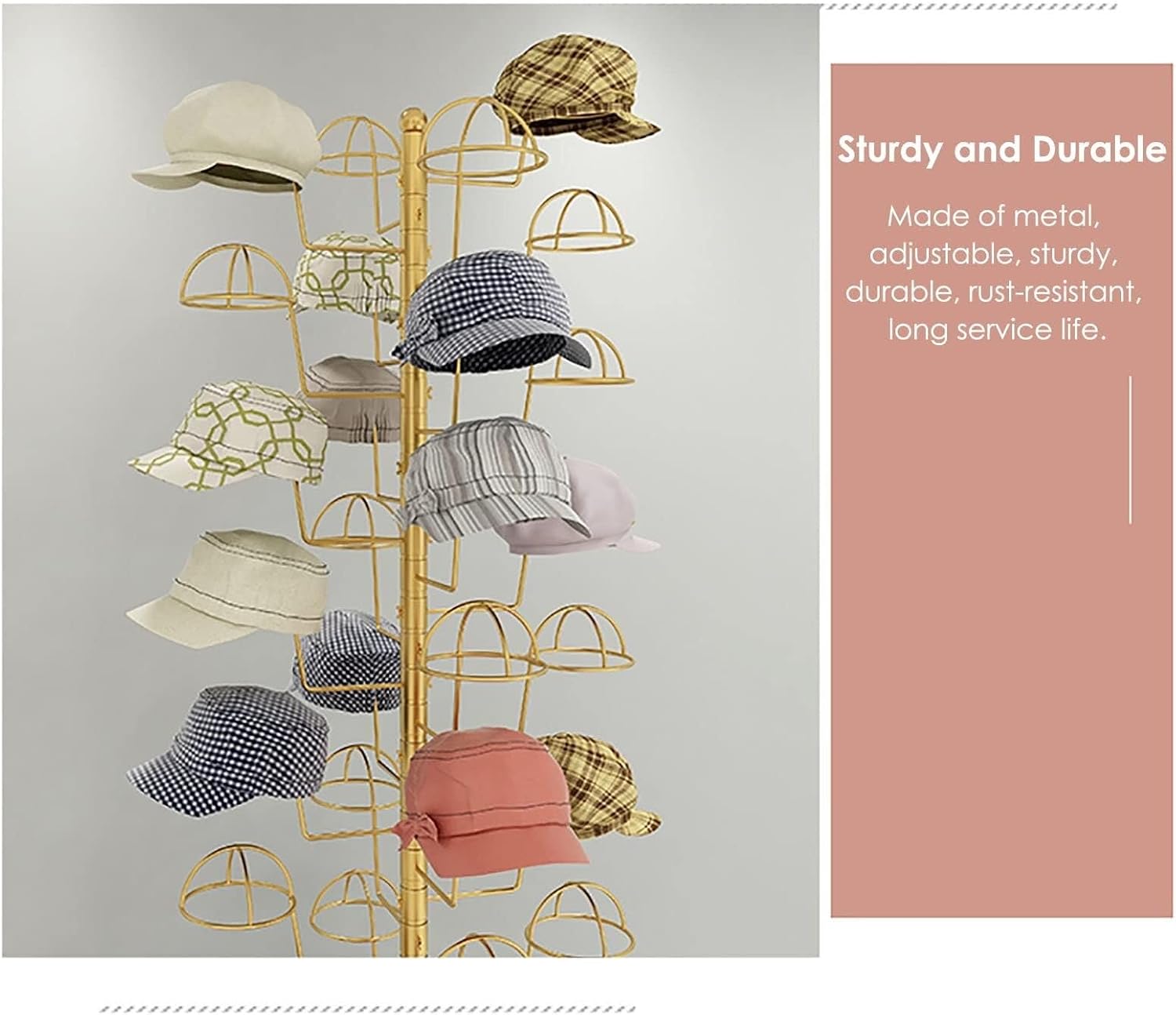 Standing Hat Display Rack, Large Capacity Metal Organizer for Baseball Caps, Fedora, Cowboy Hats, Holds 30, Ideal for Shops, Salons, and Homes(Gold)