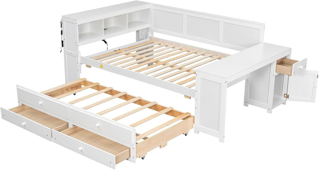 Merax Corner Full Bed Frame with Desk and Led Lights,Wood Platform Bed Frame with Trundle and 2 Drawers,Full Size Daybed with Storage and Charging Station for Living Room,Bedroom,Guest Room,White