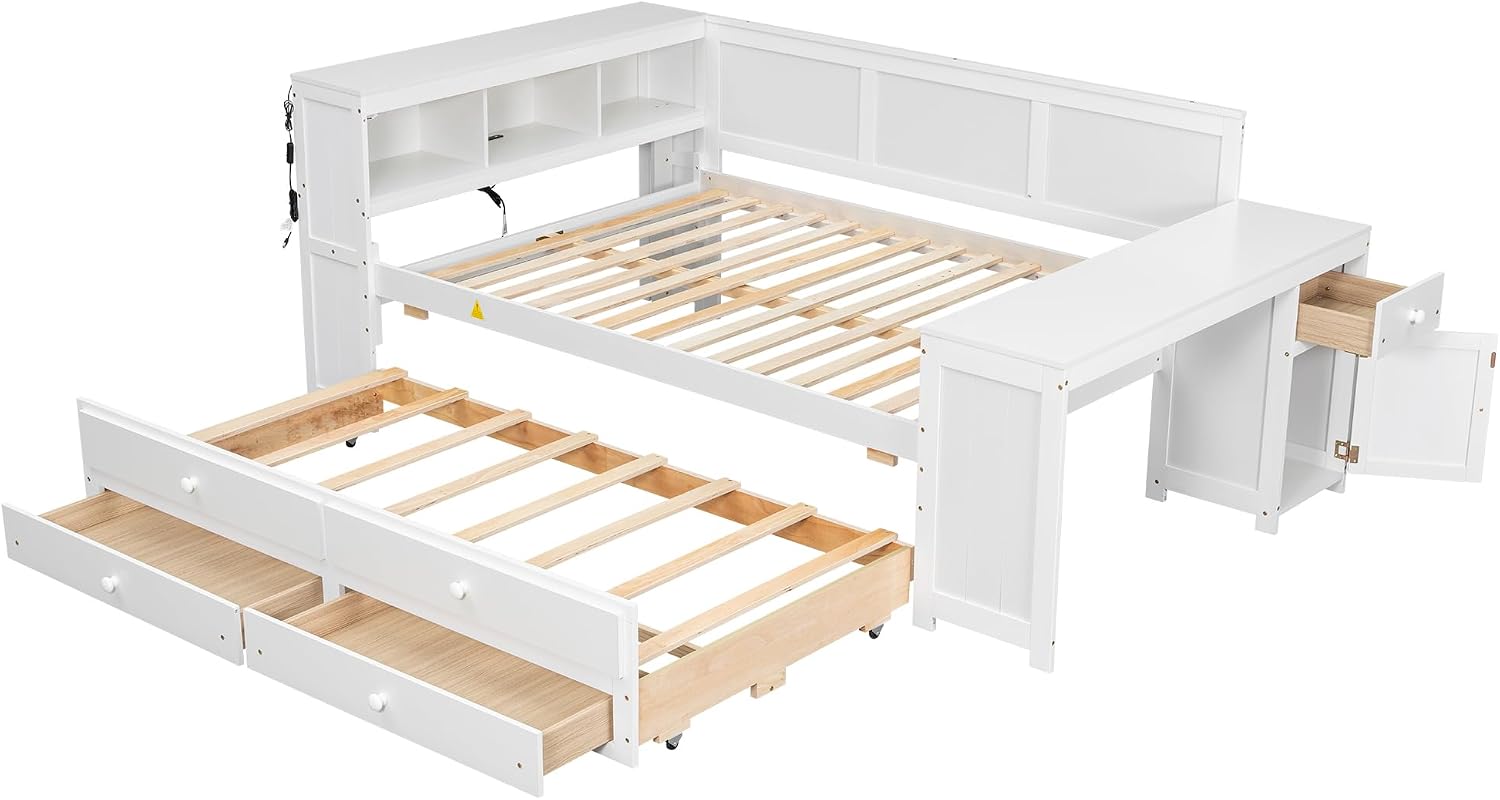 Merax Corner Full Bed Frame with Desk and Led Lights,Wood Platform Bed Frame with Trundle and 2 Drawers,Full Size Daybed with Storage and Charging Station for Living Room,Bedroom,Guest Room,White